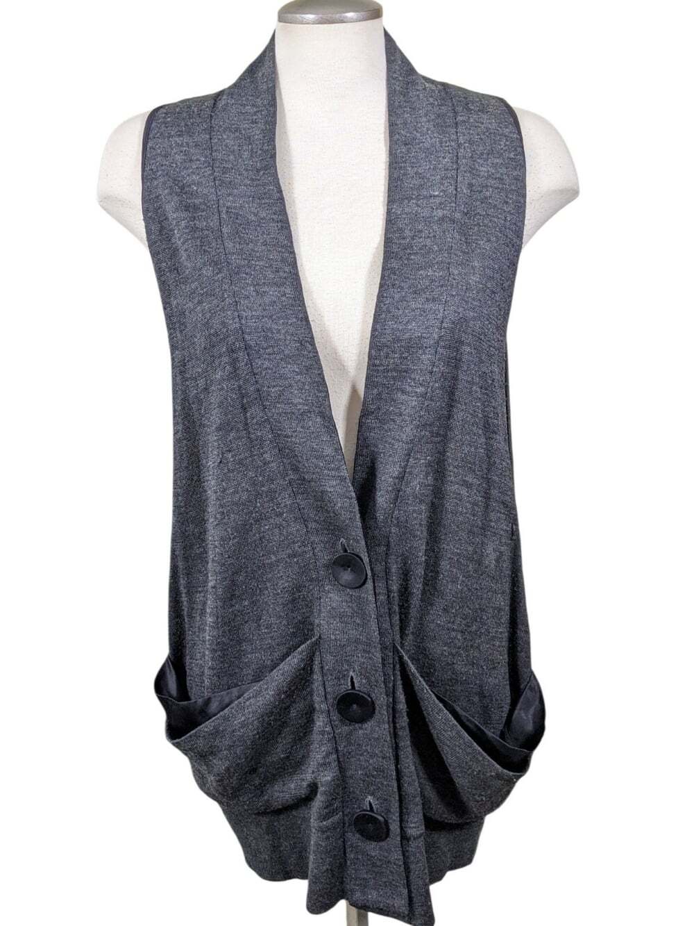 Line Womens Sweater Vest Crossover Merino Wool Blend Silk Trim Lagenlook Gray S